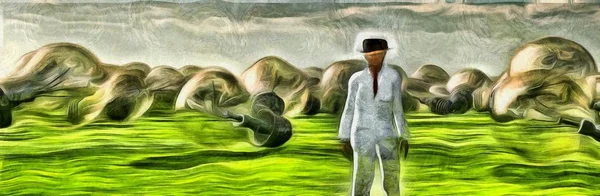 Surreal Painting Man White Suit Stands Field Giant Light Bulbs — Stock Photo, Image