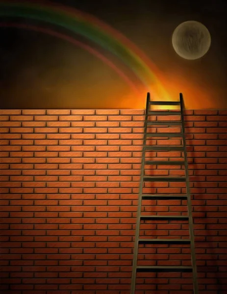 Pintura Surreal Escada Parede Tijolo — Fotografia de Stock