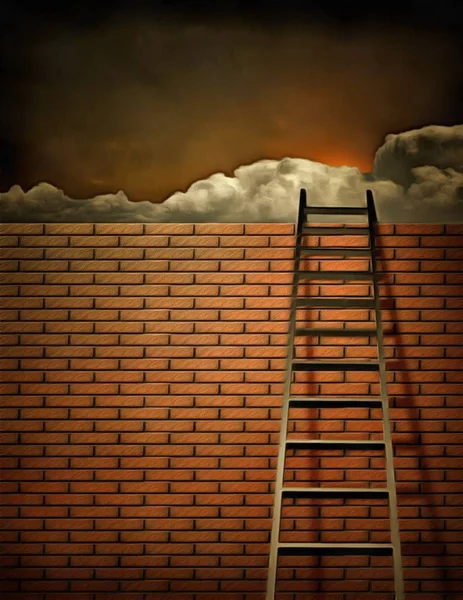 Surrealistisch Schilderij Ladder Leunt Naar Bakstenen Muur Wolken Aan Horizon — Stockfoto