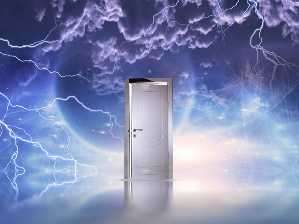 Surreal Space Scene White Door Symbolizes Portal Another Dimension — Stock Photo, Image