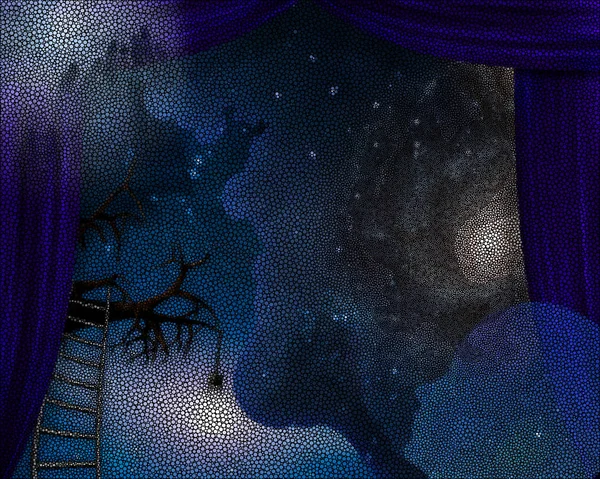 Surrealismus Blaue Vorhänge Leiter Führt Ast Galaxie Himmel — Stockfoto