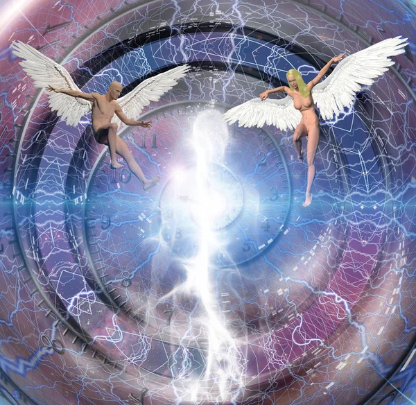 有天使翅膀的男人和女人的身影 人的灵魂在中心 时间的螺旋 — 图库照片