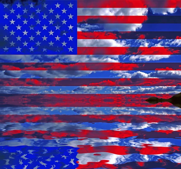 Arte Digitale Surreale Usa Bandiera Sulle Nuvole Riflessa Nell Acqua — Foto Stock