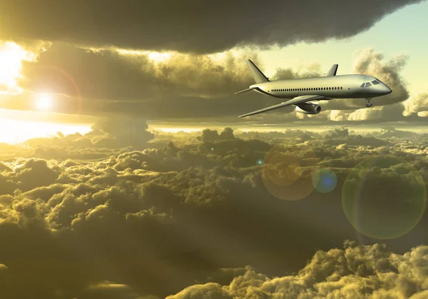 Bulutlar Arasında Uçan Jet Uçağı Render — Stok fotoğraf