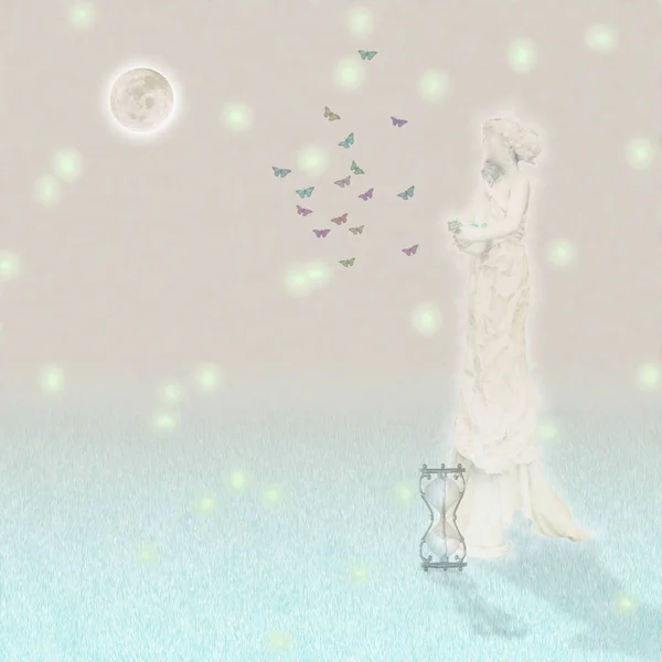 Женская Мраморная Статуя Бабочки Светящаяся Луна Песочные Часы — стоковое фото