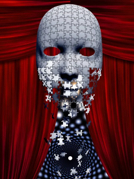 Puzzle Pieces Fall Away Mask Theater Background Red Curtains — Stock Photo, Image