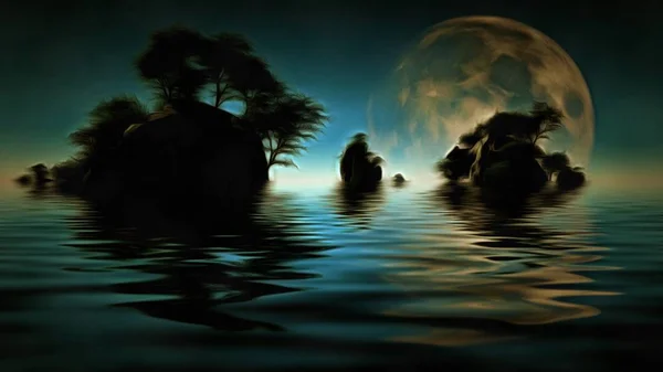 Острова Зелеными Деревьями Большая Луна Горизонте — стоковое фото