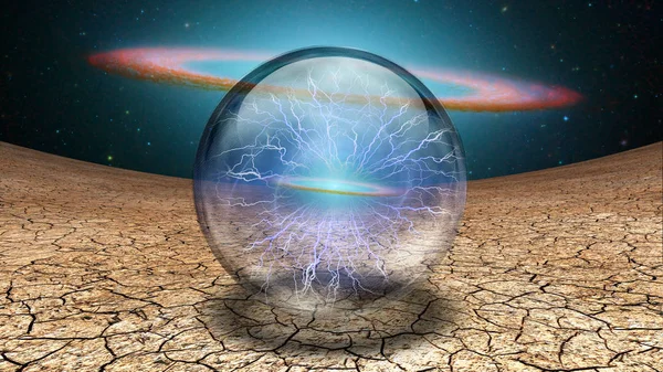 Surrealism. Splash of lightnings inside crystal ball. Galaxy disk on a background.