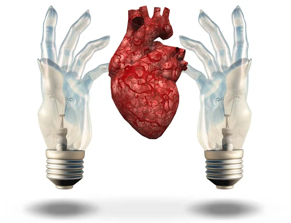 Дві Лампочки Формі Руки Обрамляють Людське Серце — стокове фото