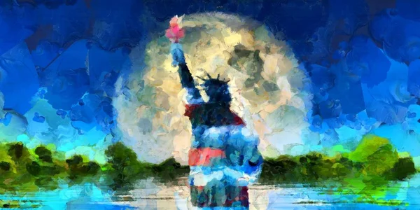 Peinture Huile Liberty Statue Sur Lune Lever — Photo