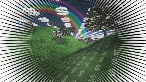 Surrealistische Digitale Kunst Landschap Met Valuta Elementen Bomen Met Bankbiljetten — Stockfoto