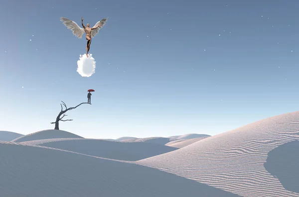 Surrealistisch Witte Woestijn Man Met Rode Paraplu Staat Een Droge — Stockfoto