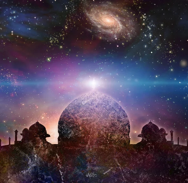 Templo Estilo Oriental Universo Con Galaxias Sobre Fondo —  Fotos de Stock