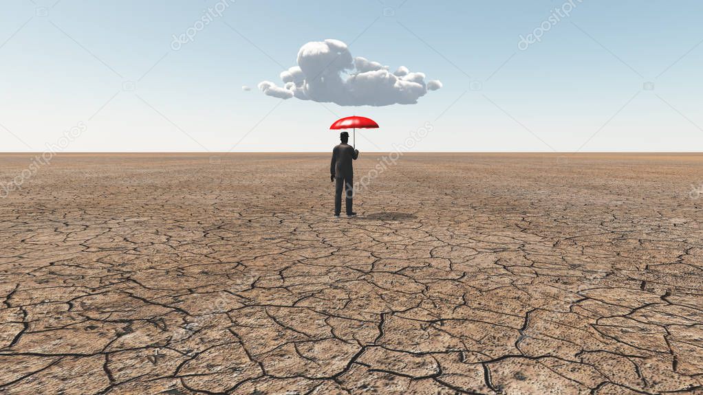 Man in desert with red umbrella and single cloud