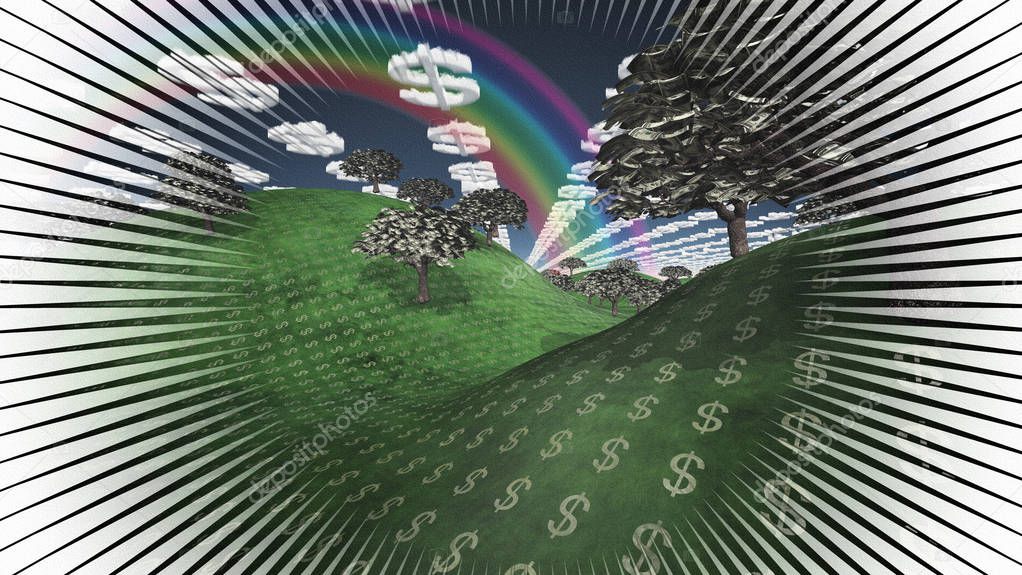 Surreal digital art. Landscape with currency elements. Trees with dollars banknotes instead of leaves. Clouds in shape of dollars sign. Rainbow in the sky.