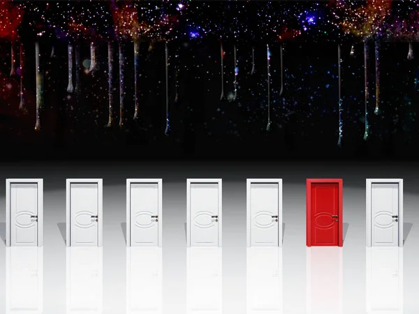 Sju vita dörrar med en röd — Stockfoto