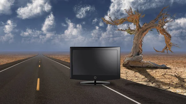 TV monitor on desert road — Stock Photo, Image