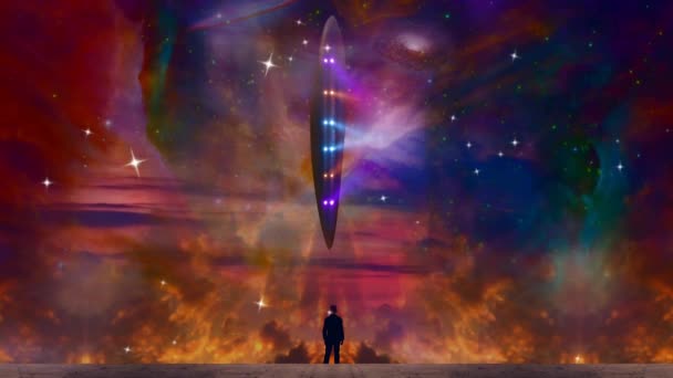 Człowiek obserwuje UFO na żywym niebie — Wideo stockowe