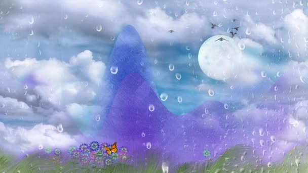 Cartoon-Illustration. Gänseblümchen und Schmetterling. Mond am bewölkten Himmel — Stockvideo