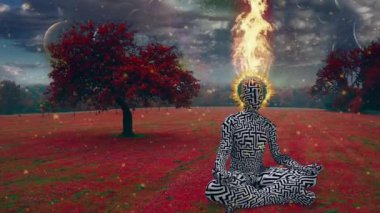 Yanan kafa lotus pozisyonunda meditasyon yapar.