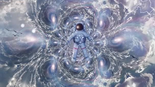 Космонавт в сюрреалистическом пространстве — стоковое видео