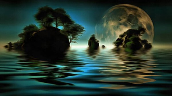 Islands with green trees. Big moon at the horizon. 3D rendering