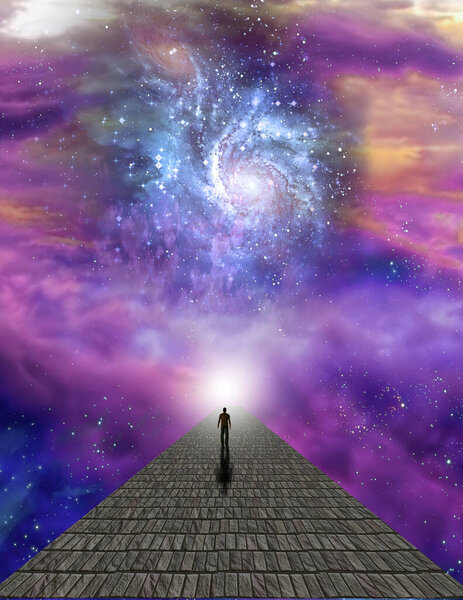 Lonely man on stone road in vivid space. Vivid galaxies, stars and planets. 3D rendering