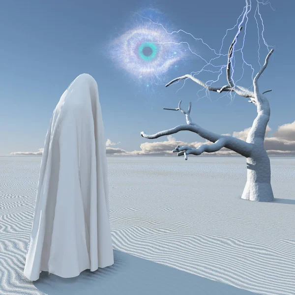 Планета Дзен. Фигура в белой одежде стоит в сюрреалистической белой пустыне — стоковое фото