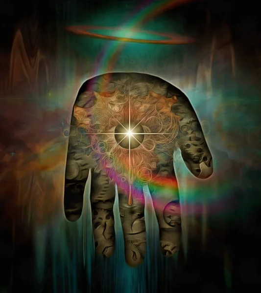 Hand with eye in endless universe — Stock Photo, Image