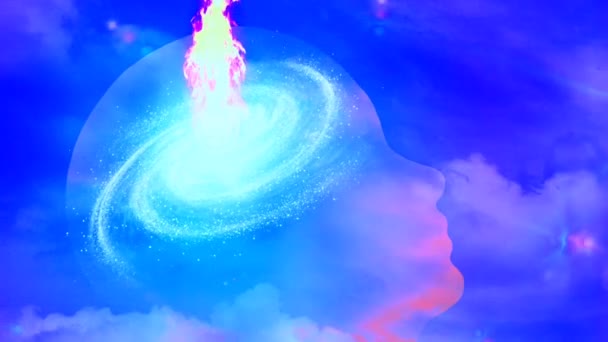 Hlava silueta s ohněm a galaxií — Stock video