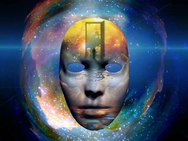 Mask with the image of man and open door to another world — Stock Photo, Image
