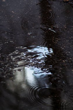 Şehrin kaldırımlarında yağmur birikintileri