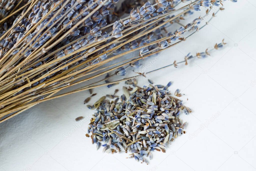 Bunch of dried lavender on a white background.