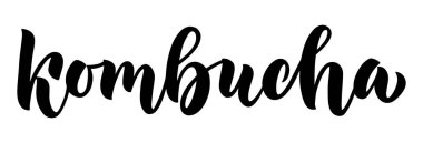 Kombucha vektör tasarımı. Menüler, logo, ambalaj veya şişe etiketleri, kombucha çubukları için minimalist siyah beyaz fırça harfleri.