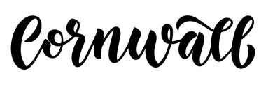 Cornwall. Vektör el yazısı elemanı. Posterler, tebrik kartları, kartpostallar, haritalar için ilçe adı için düzgün fırça yazı script. Yalıtılmış siyah beyaz eleman.