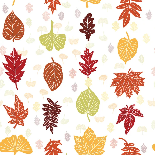 Reihen von großen Herbstblättern, die mit kleineren transluzenten Blättern verflochten sind. Vektor nahtlose Muster für Textilien, Packpapier, Dekoration, etc. — Stockvektor