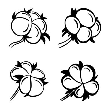 Dört pamuk çiçeği seti. El yapımı pamuk çiçekleri siyah beyaz. Tekstil endüstrisi için vektör tasarım elementleri.