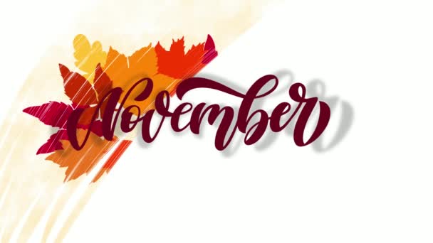 Handschrift november. Herfst bladeren op de achtergrond worden onthuld met dikke artistieke slagen. Animatie voor herfstverkoop en evenementen. Seizoensgebonden banner. — Stockvideo