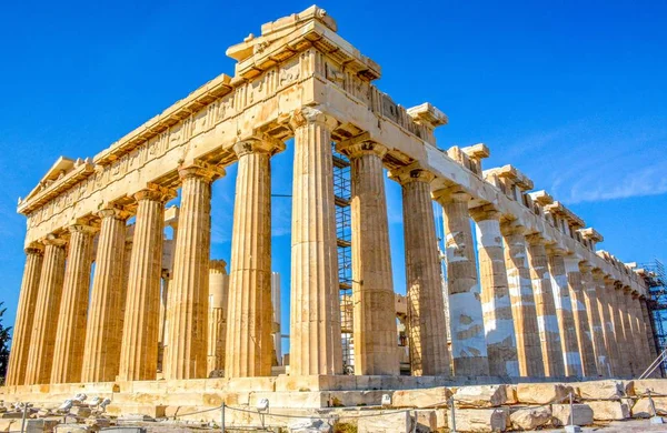 Фасадні Стародавнього Храму Парфенон Греції Акрополь Афін Фоні Синього Неба Ліцензійні Стокові Фото