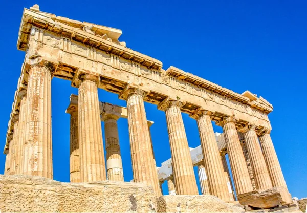 Fachada Temple Antigo Parthenon Acropolis Atenas Greece Fundo Azul Céu — Fotografia de Stock