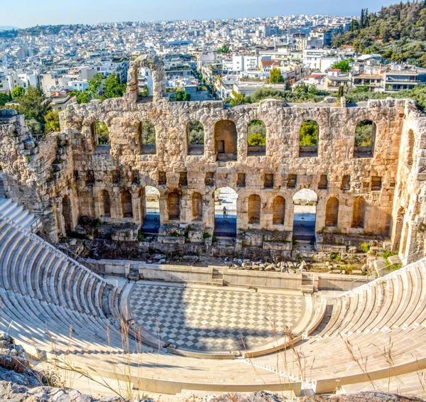 Стародавні Одеону Ірода Аттика Афінах Acropolis Hill Видом Місто Стокове Фото