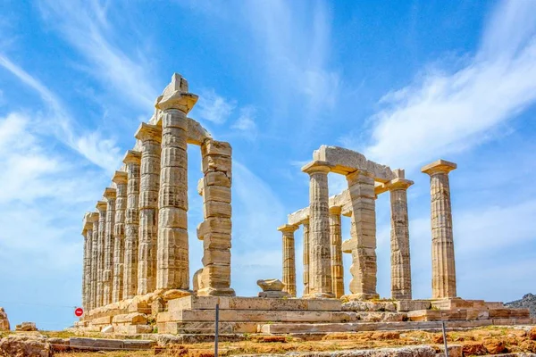 Стародавнього Грецького Храму Посейдона Мисі Sounion Афіни Греція Стокове Фото