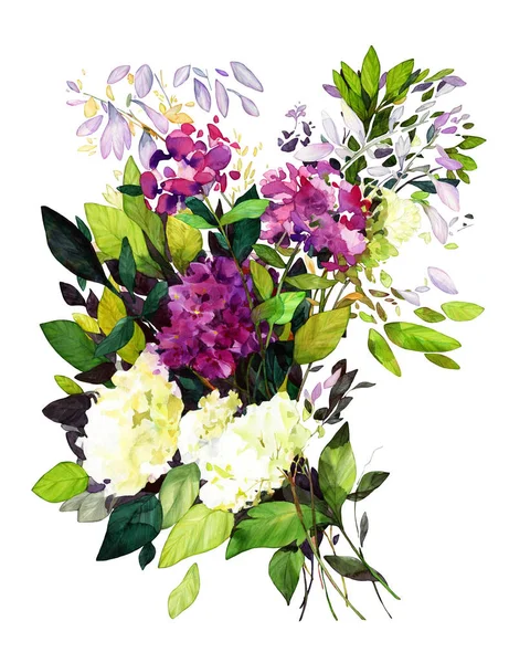 Decorative floral composition. Summer bouquet whith hydrangeas and phlox. Watercolor on paper. Print for interior decor, packaging, greeting card, poster, wedding invitation and other design.
