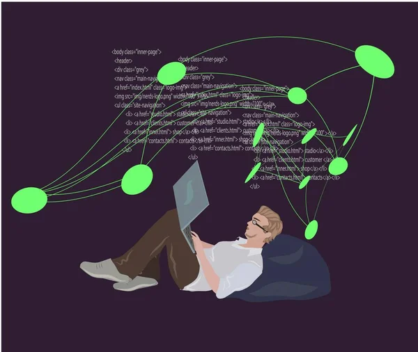 Neural ağ. Dizüstü bilgisayar ile erkek programcı. 