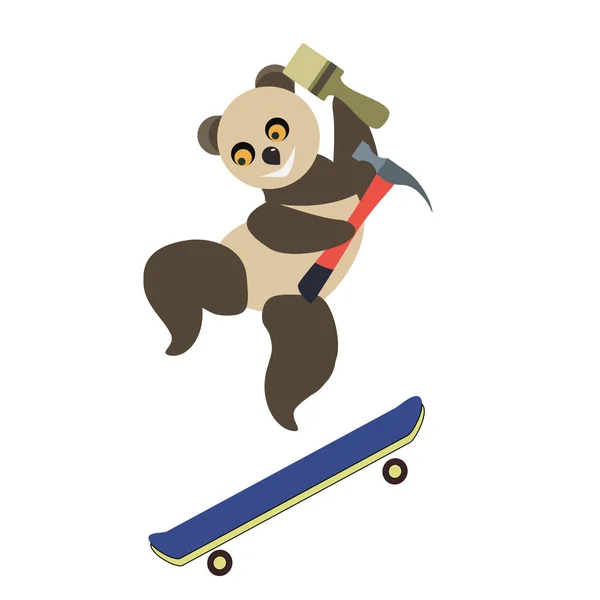 Repair Cute Panda Makes Repairs Skateboard Hammer — Stock Vector