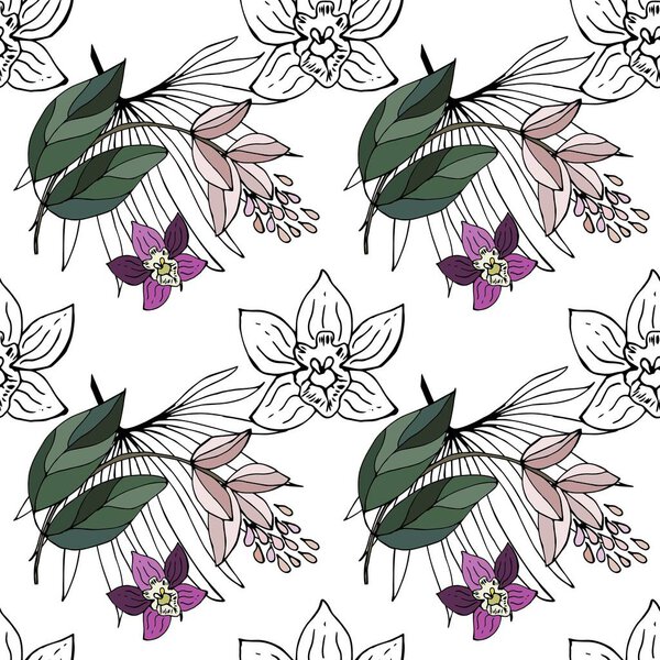 Orchids and palm leaves. Seamless pattern. Pattern for fabric, Wallpaper.