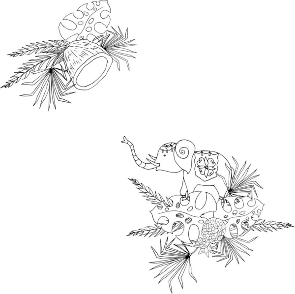 Olifanten Tropische Planten Print Kaart Voor Felicitaties Uitnodigingen Vector Illustratie — Stockvector