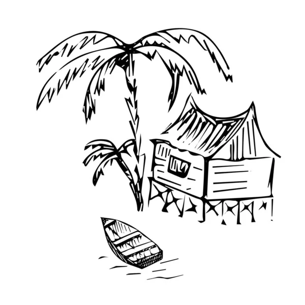 Palm Tree Bungalow Boat Line Drawing Vector Illustration — Stock Vector