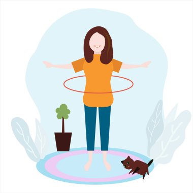 kedi ve saksı bitkisiyle egzersiz yapan karikatür kadın, vektör illüstrasyonu