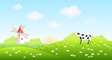 karikatür alanı yel değirmeni ve inek, vektör illüstrasyonu